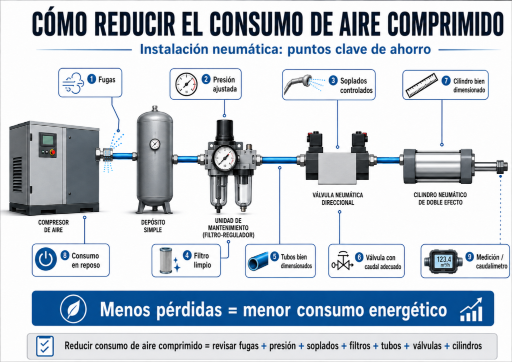 como reducir el consumo de aire comprimido en una instalación neumática industrial