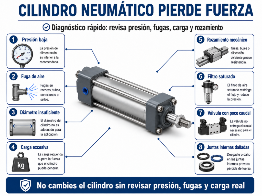 cilindro neumático pierde fuerza causas y soluciones en una instalación neumática