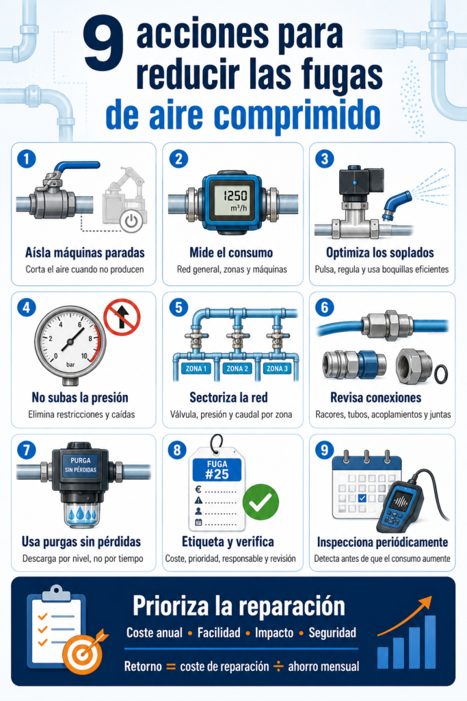 Consejos para reducir pérdidas y calcular cuánto cuesta una fuga de aire comprimido